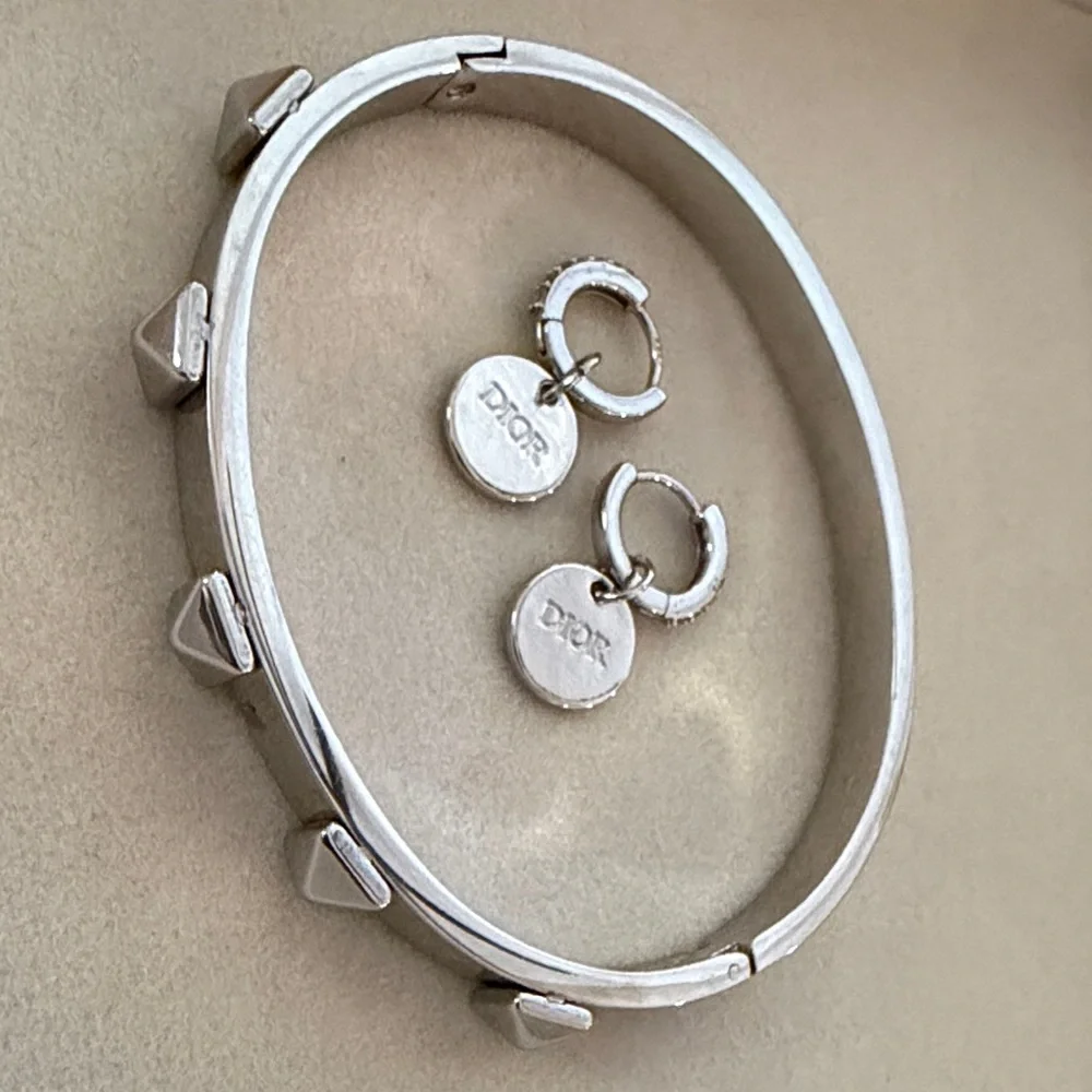 Silver Studded Bracelet with micro huggie Dior Charms - Picture 1 of 2